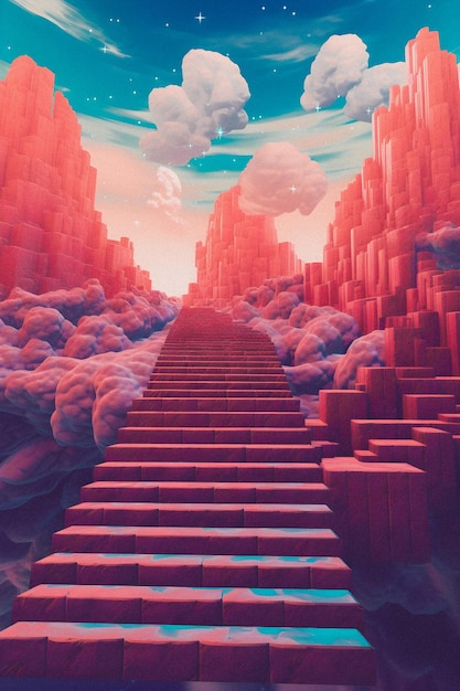 Magical Stairway Exploring a Stylized Bryce 3D Landscape with Astral Elements