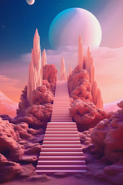 Magical Stairway Exploring a Stylized Bryce 3D Landscape with Astral Elements