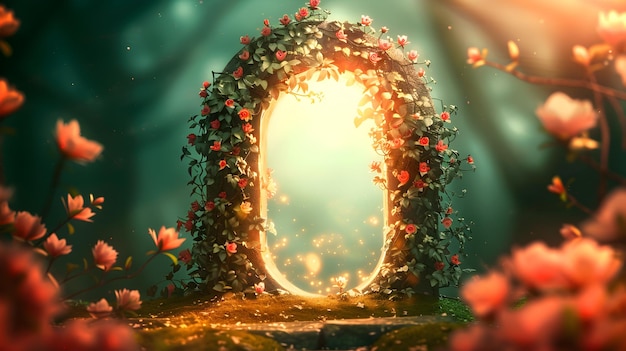 Photo magical stone archway in a forest with pink flowers