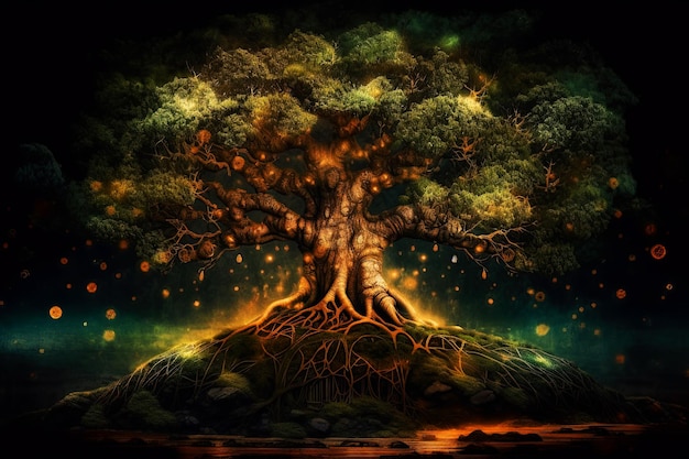 A magical strong tree of life in the forest surrounded by lights Generative AI illustration Fantasy