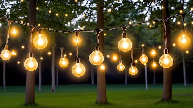 Magical summer evenings under a backyard tree adorned with glowing fairy lights amidst lush greenery