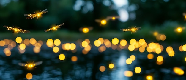 Photo magical summer night with fireflies and bokeh lights reflecting in water