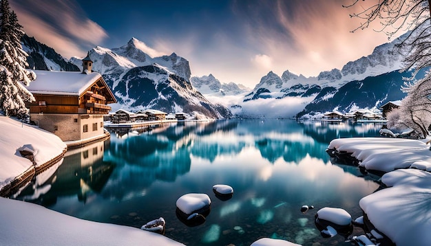 Magical switzerland winter lake in the center of the alps surrounded