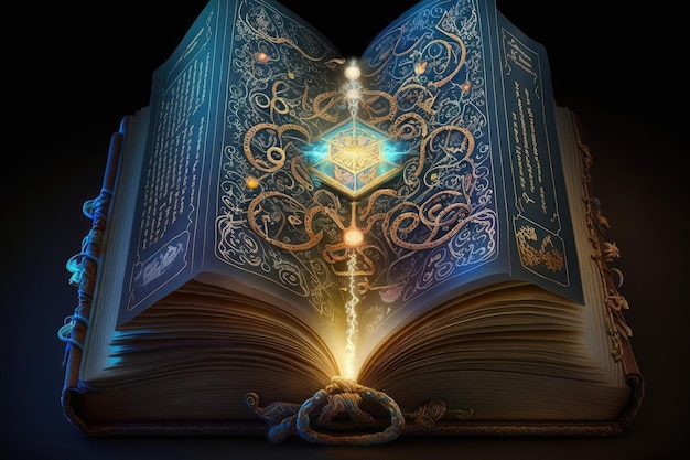 A magical tome illuminated with beautiful images and writing in an unknown language