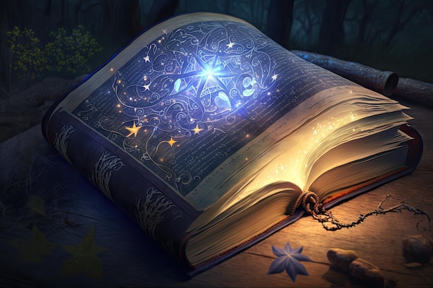 A magical tome illuminated with beautiful images and writing in an unknown language