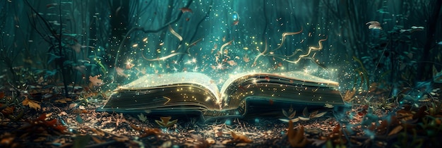 Magical tome in a mystical autumn forest Fantasythemed photo of an entrancing book radiating magic amidst fallen leaves in the forest