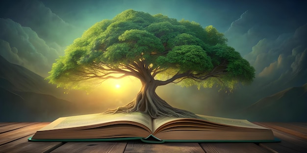 Magical Tree of Knowledge Growing from an Open Book