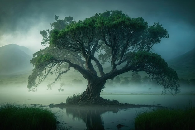 Magical tree surrounded by mist with view of distant lake