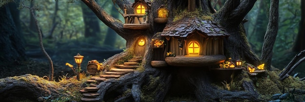 Photo a magical treehouse nestled in the heart of a mystical forest illuminated by warm lights symb