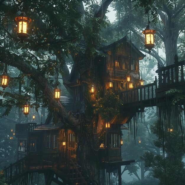 Magical treehouse in a rainy forest lanterns hanging