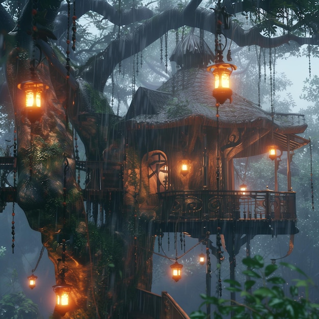 Magical treehouse in a rainy forest lanterns hanging