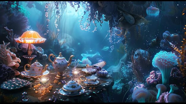 Photo a magical underwater tea party with glowing coral and a glowing lamp