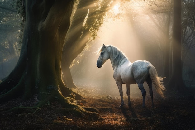 Magical unicorn emerges in the enchanted forest Majestic and mysterious generative IA