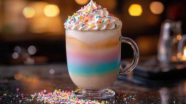 Magical Unicorn Latte Delightfully Adorned with Colorful Sprinkles for a Vibrant Treat