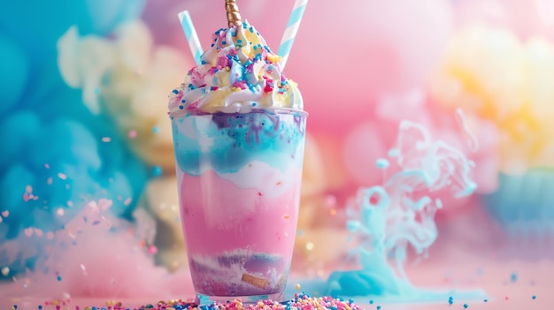 A magical unicorn milkshake with rainbow colors and sprinkles