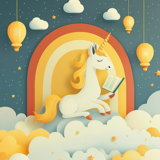 Magical Unicorn Reading on Clouds with Rainbow