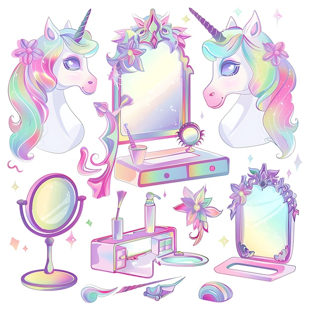 Magical Unicorn Vanity Set Featuring Iridescent White and Ra Illustration Furniture Game Assets