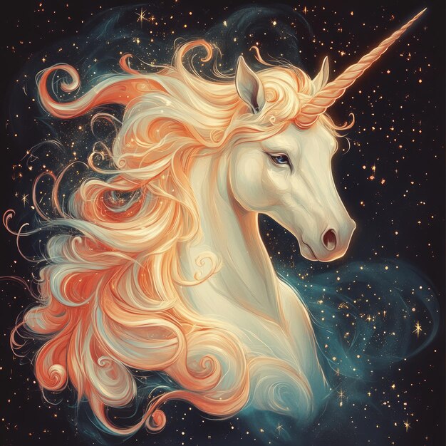 A magical unicorn with flowing mane set against a cosmic background