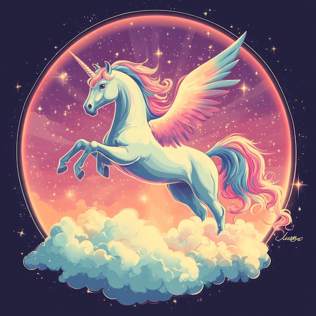 A magical unicorn with wings soaring through clouds