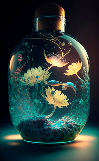 Magical vial with blue glowing liquid and flowers on dark background