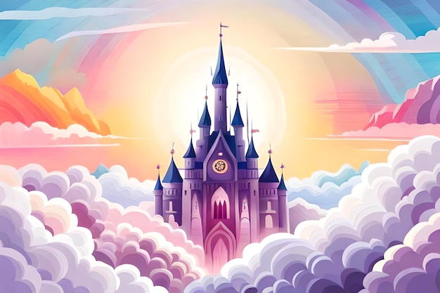 Magical watercolor vector background featuring a majestic castle perched on fluffy clouds