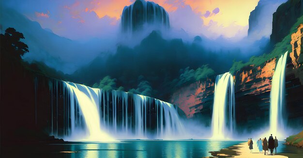 Magical Waterfall Jungle forest illustration river stream on landscape background Generative AI for children book stories fairytales