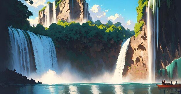 Magical Waterfall Jungle forest illustration river stream on landscape background Generative AI for wall arts canvas paintings facebook covers