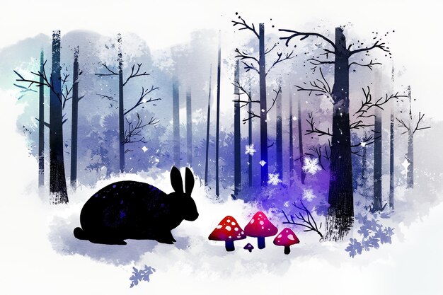 Photo magical winter forest with rabbit and mushrooms