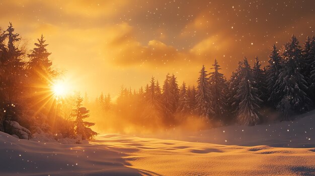 Photo a magical winter scene with a golden sunrise illuminating a snowcovered forest