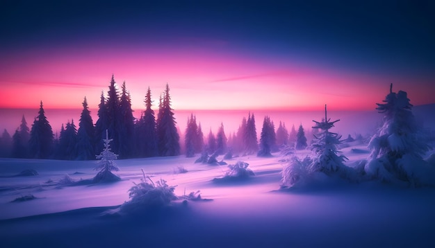 Magical Winter Twilight in Snowy Forest