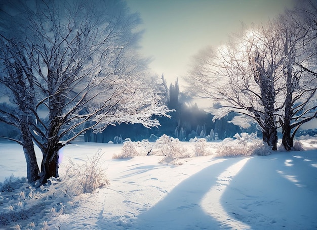 Magical winter wonderland landscape with frosty bare trees