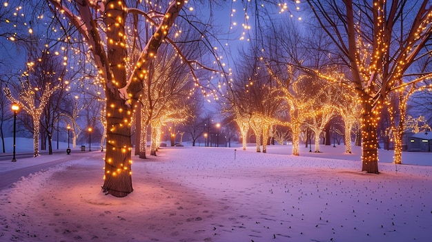 Magical Winter Wonderland in Park with Trees Wrapped in Christmas Lights for Holiday Season