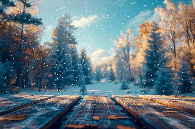 Magical Winter Wonderland Scene with Snowflakes Warm Golden Sunlight and a Serene Snow Covered