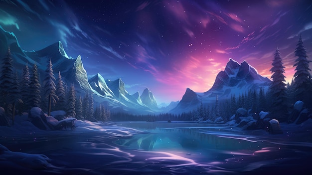 A magical winter wonderland with snowcovered mountains a frozen lake