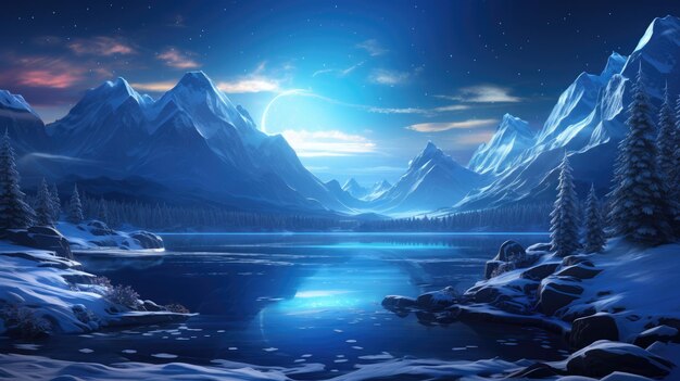 A magical winter wonderland with snowcovered mountains a frozen lake