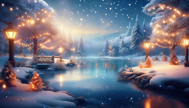 Photo a magical winter wonderland with snowcovered trees twinkling lights and a frozen lake