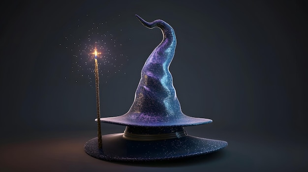 Photo magical wizard hat with glowing wand