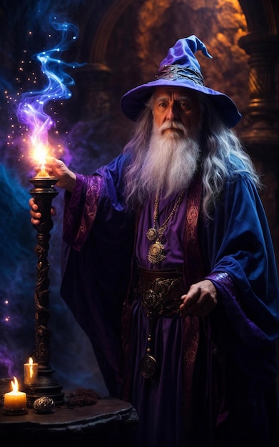 a magical wizard with a burning torch