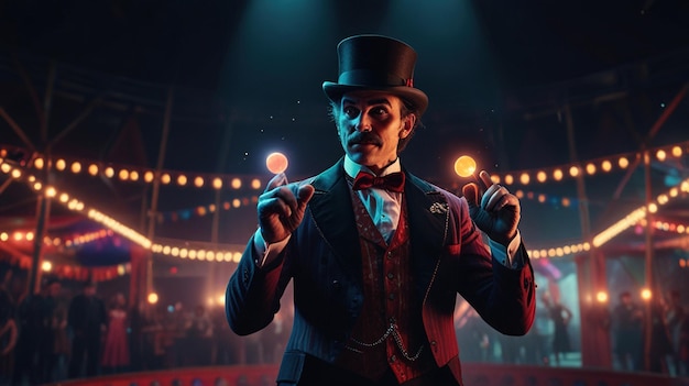 A magician in a top hat performs a magic trick with glowing orbs in a circus tent