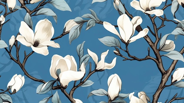 magine print style rendering halfdrop repeat pattern with leaves and flowers of magnolia campaca