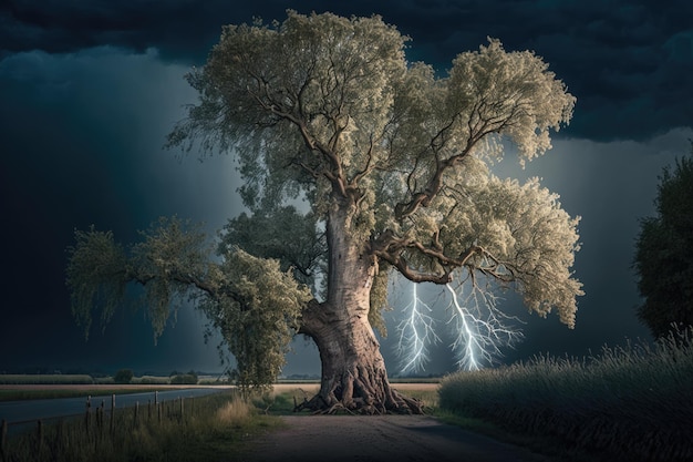 Maginficent Large Lombardy Poplar Tree Lightning Dark Clouds Sky by Generative AI