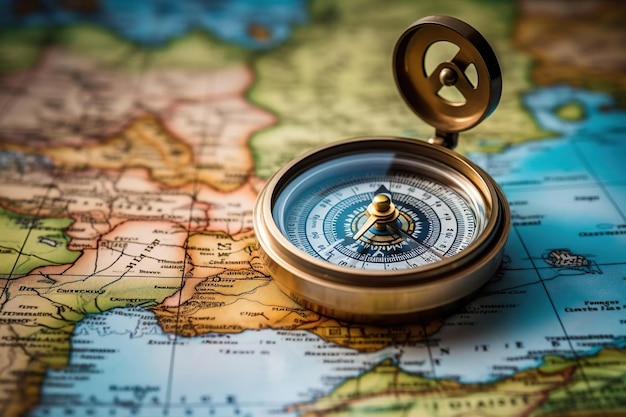 Magnetic compass on world mapTravel geography