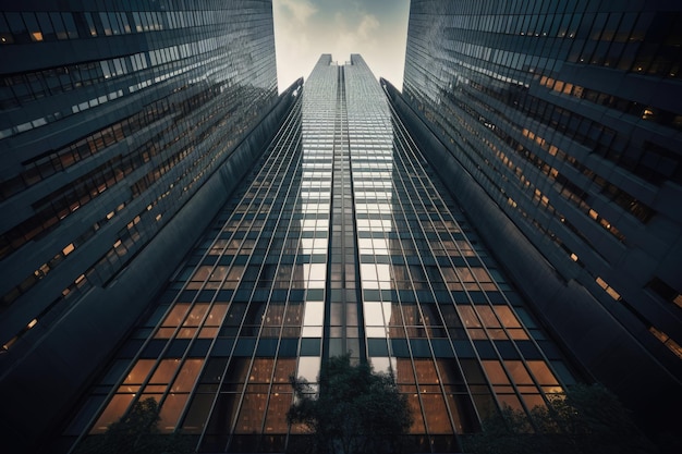 The magnificence of a towering skyscraper from a unique worm's eye view perspective Generative AI