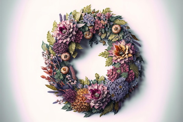 A magnificent beautiful wreath of different colors lies on a white background