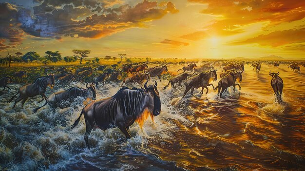 Magnificent Big herd of wildebeest is about Mara River Great Migration Kenya