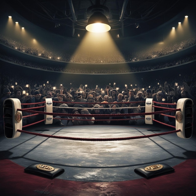 Magnificent boxing ring stadium dimly lit at night