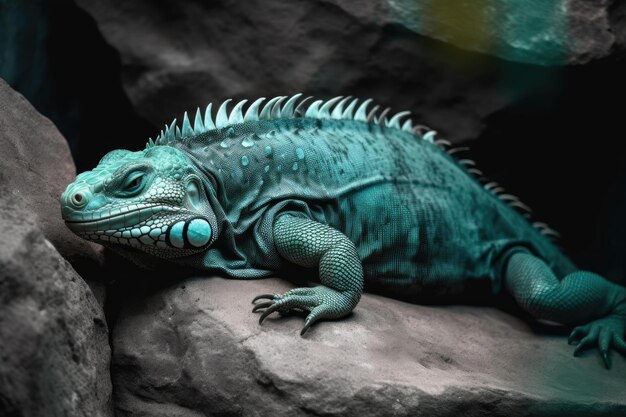 A magnificent chameleon sitting on a tree branch with wideopen miracle eyes closeup