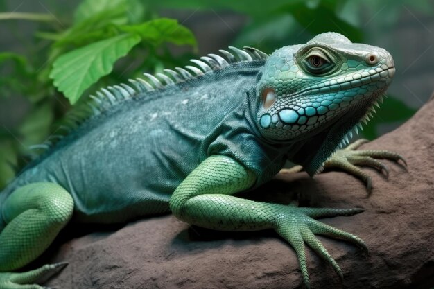 A magnificent chameleon sitting on a tree branch with wideopen miracle eyes closeup