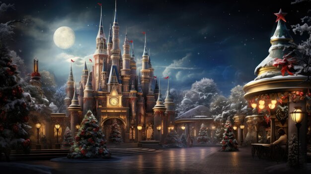 A magnificent Christmas palace decorated with colored lights with the feel of a fairy tale world