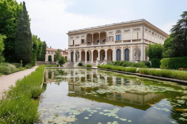 Magnificent classical building surrounded by greenery and water features